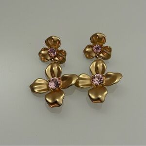 gold tone pink rhinestone flower dangle earrings floral jewelry feminine | LOFT